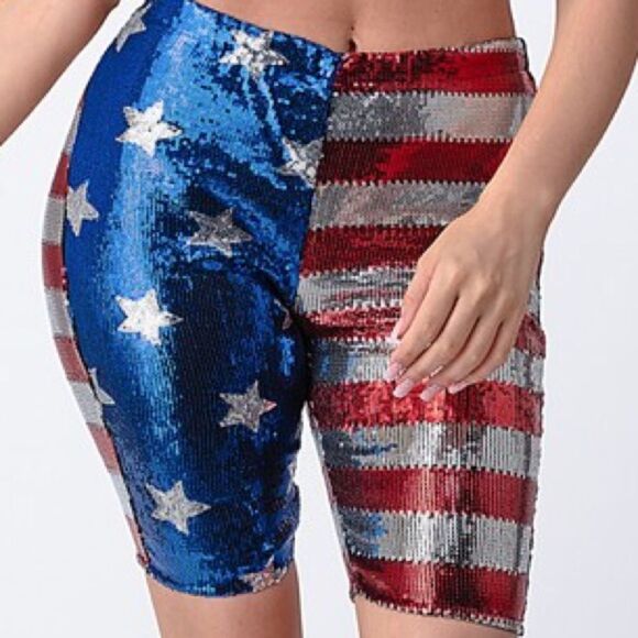 USA American Flag Metallic Sequin Biker Shorts - Picture 4 of 5